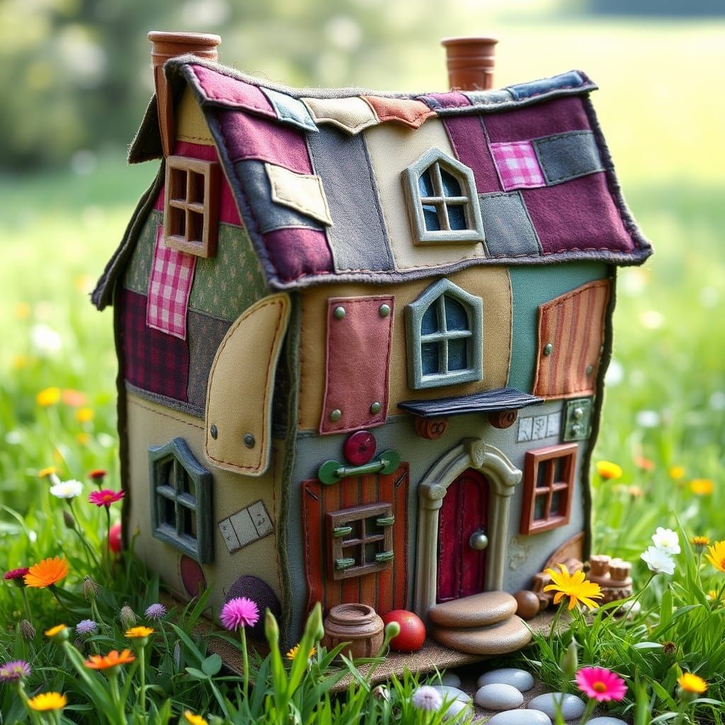 Whimsical Patchwork House in a Lush Green Meadow