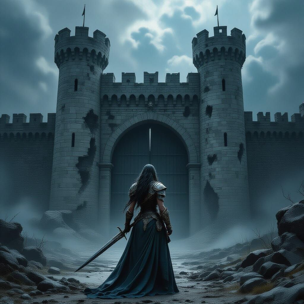 Warrior Queen at Ancient Castle Gate