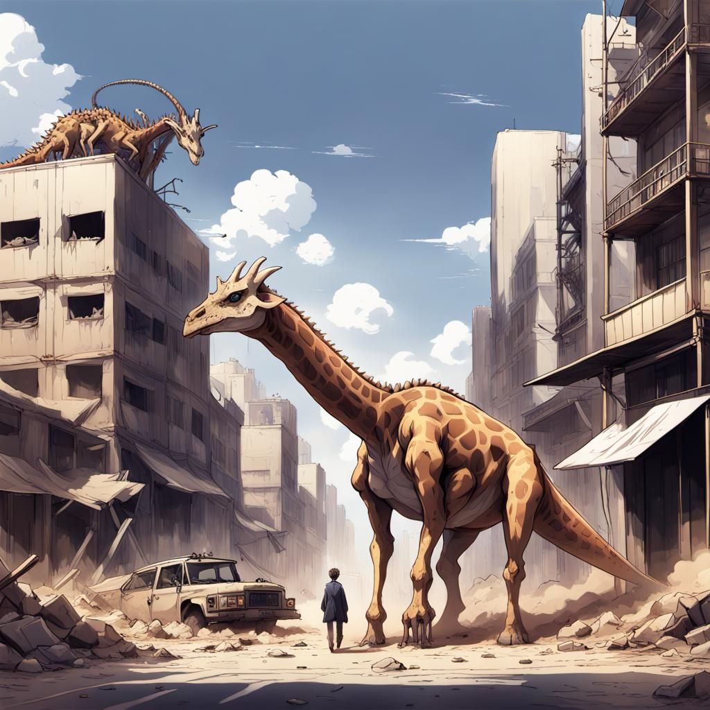 Post-Apocalyptic Desert City with Giraffe-Dinosaur in Anime ...