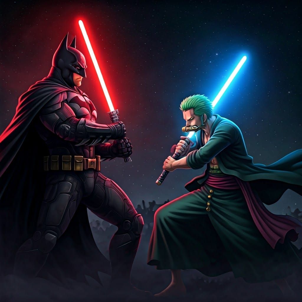 Batman vs. Zoro Lightsaber Duel on Starry Night