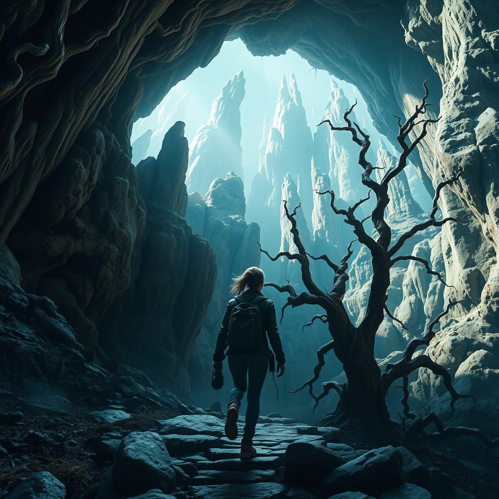Explorer Descends into Crystalline Cavern: Digital Art