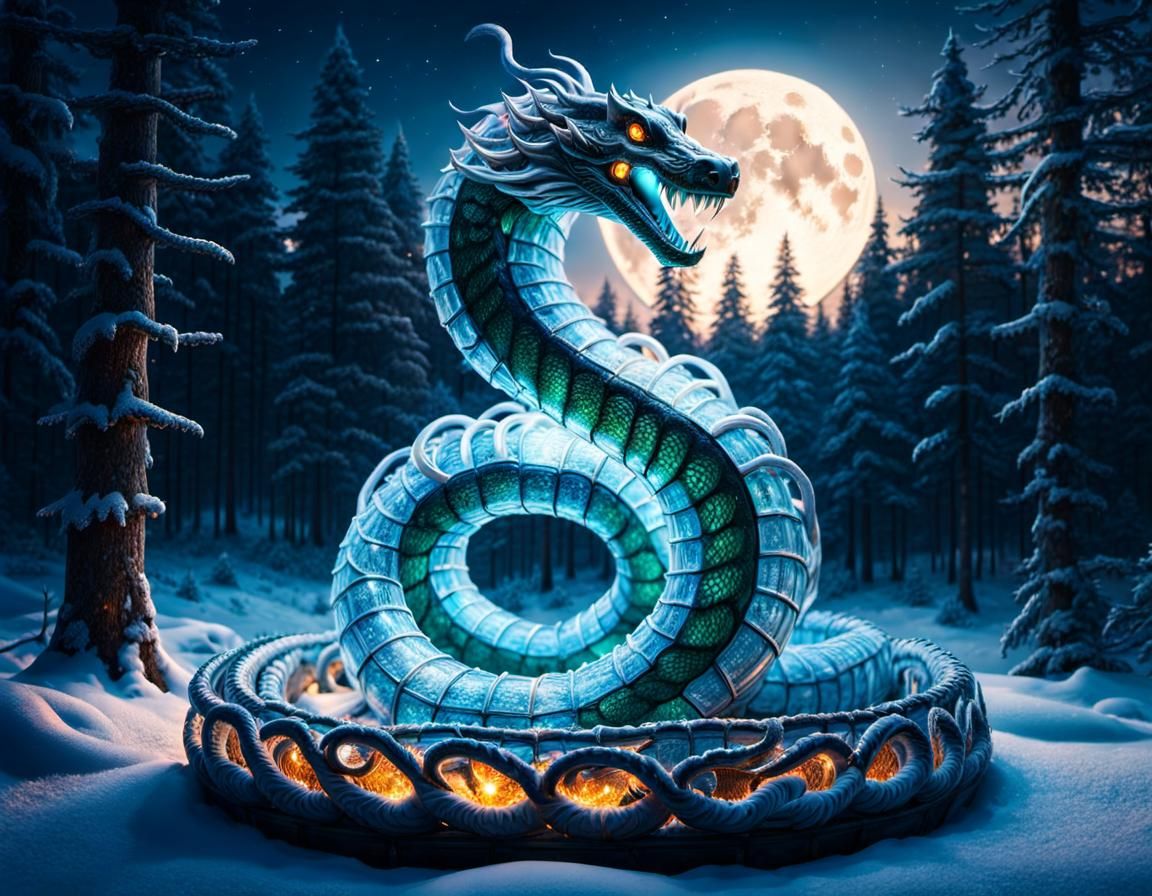 Glass Serpent Coils Around Frozen Flame