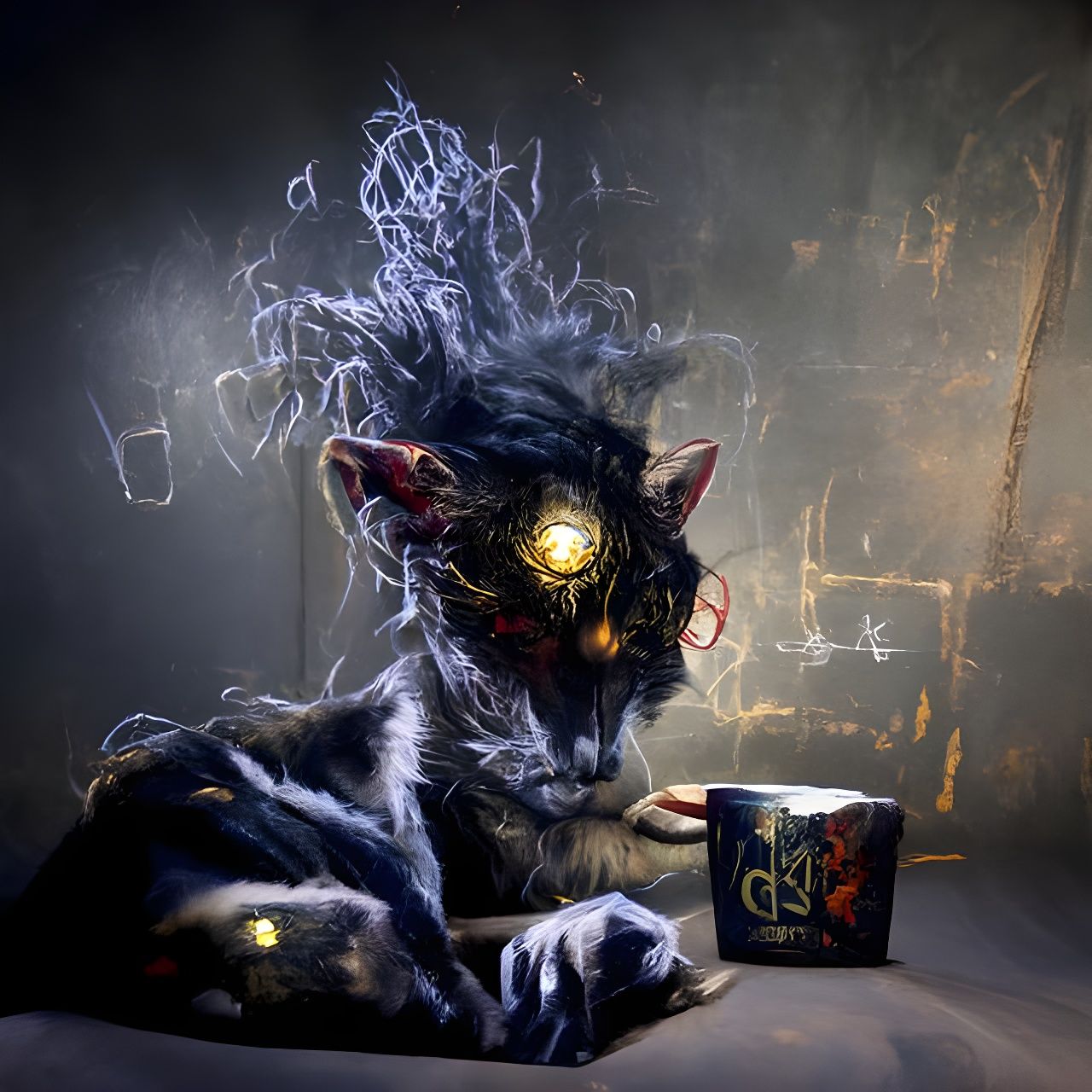 Schrödinger's disheveled cat inside a box planning revenge, but having his morning coffee first