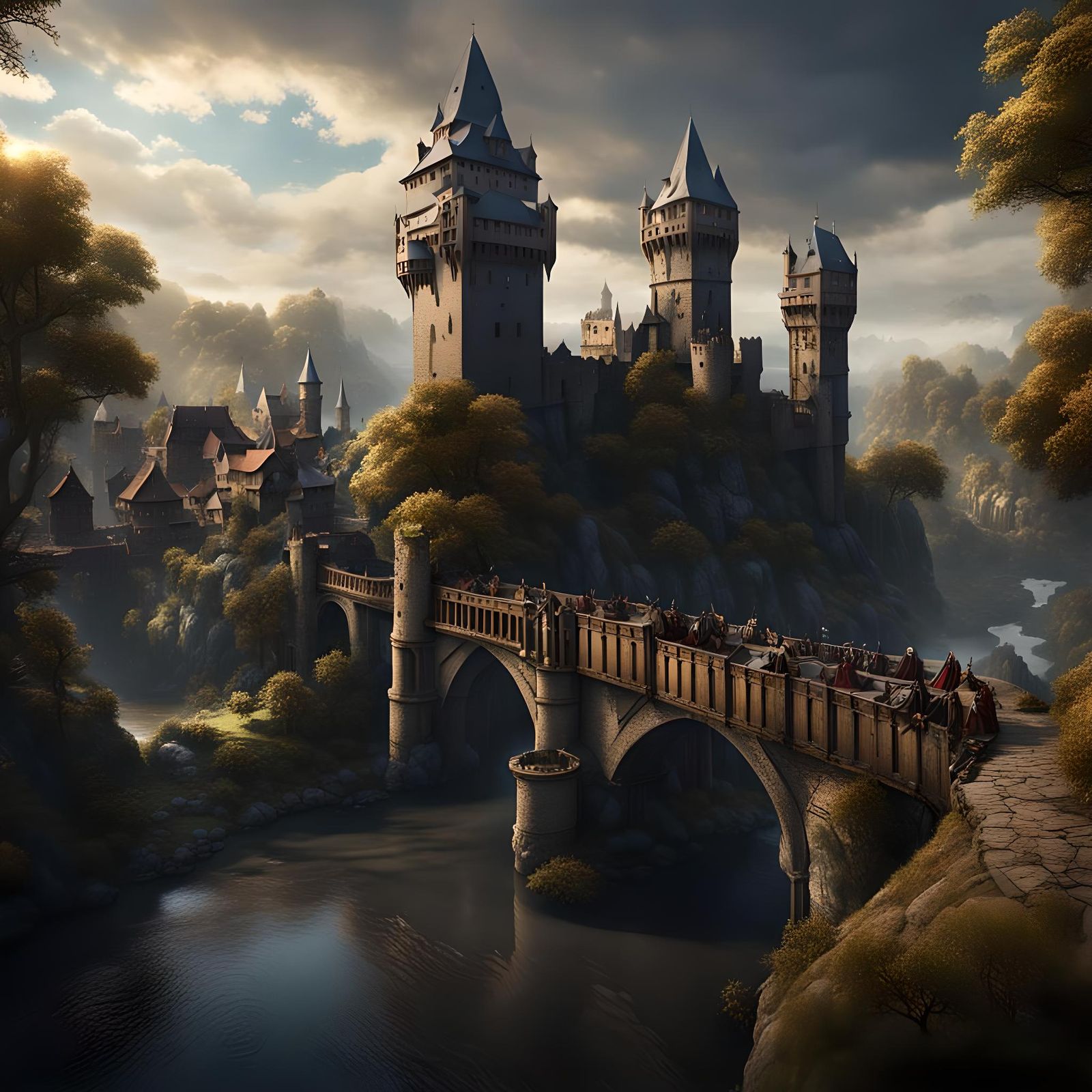 German Medieval City on River in Dark Fantasy Style