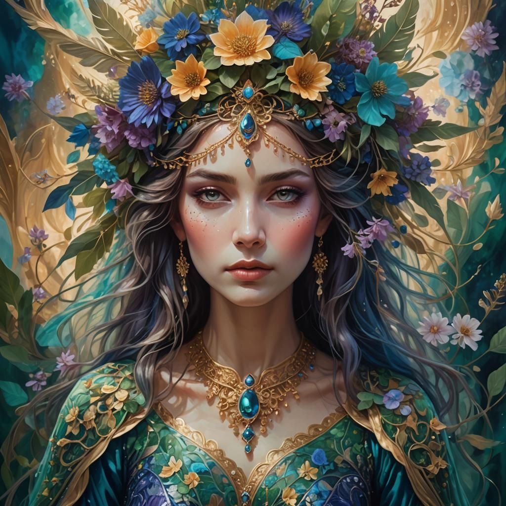 Mystical Woman Portrait with Floral Headdress