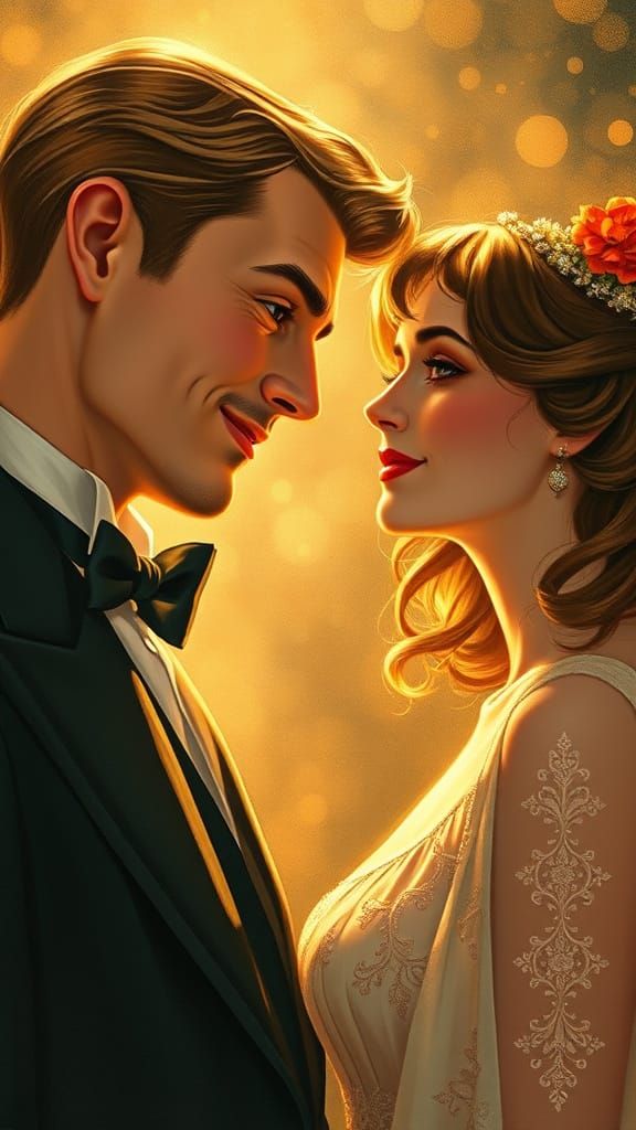 Elegant Gentleman Contemplates Beautiful Woman in Soft Golde...