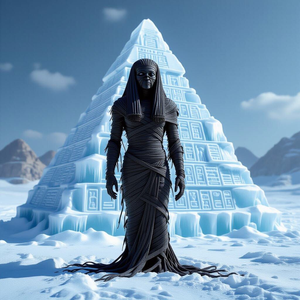 Licorice Mummy Before Ice Pyramid, Hyperrealistic Style