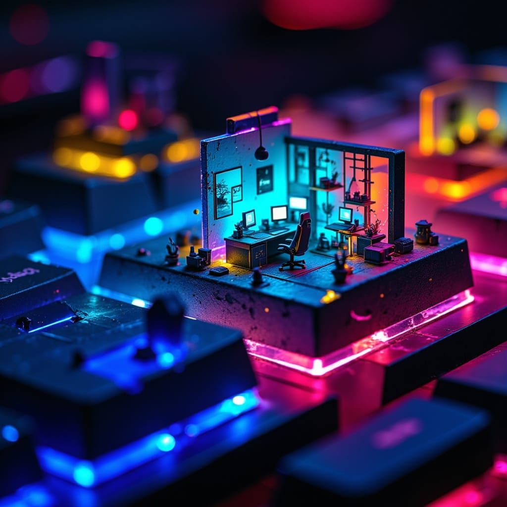 Macro Photo of RGB Keyboard with Miniature Cyberpunk Gaming ...
