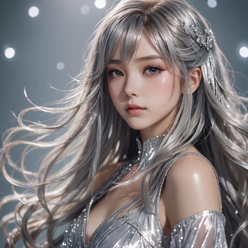 Anime Pop Star in Silver Dress, Digital Portrait