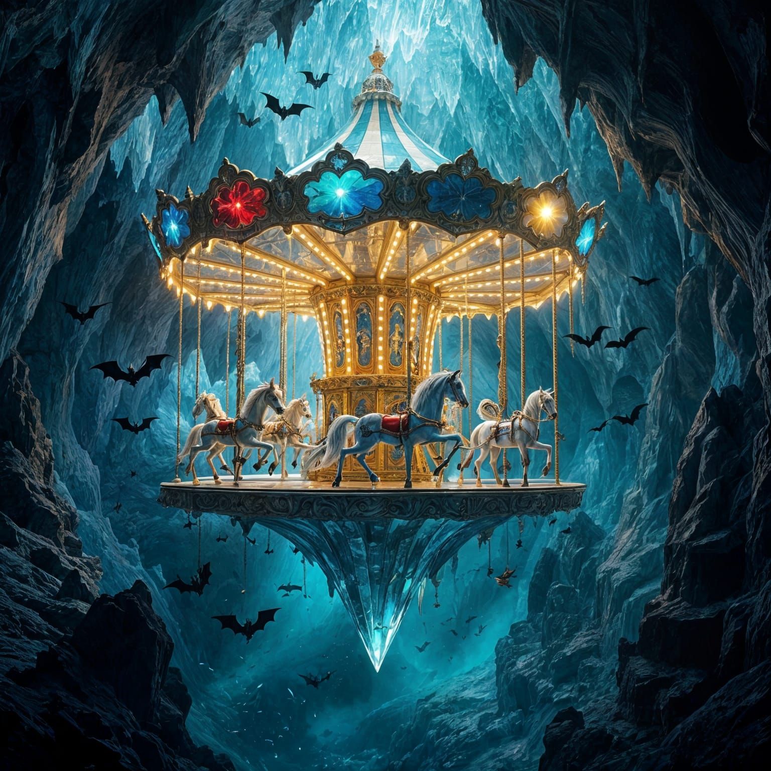 Upside-Down Carousel in Crystal Cavern with Mechanical Horse...