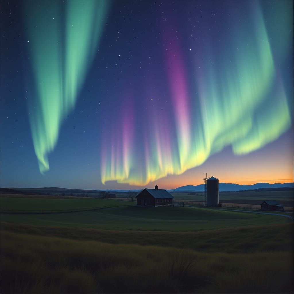 Cosmic Northern Lights Dance Above Rustic Farm
