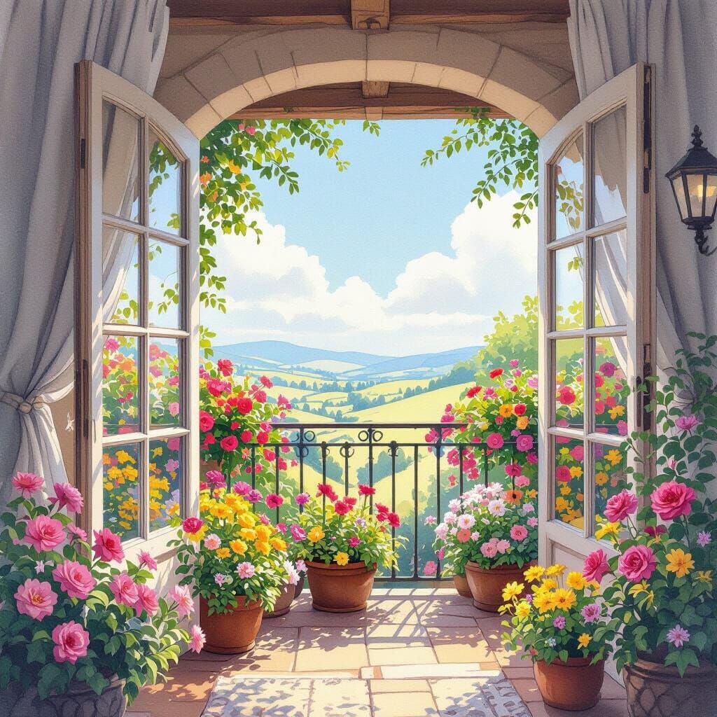 Enchanting Balcony with Flowers in Watercolor Style
