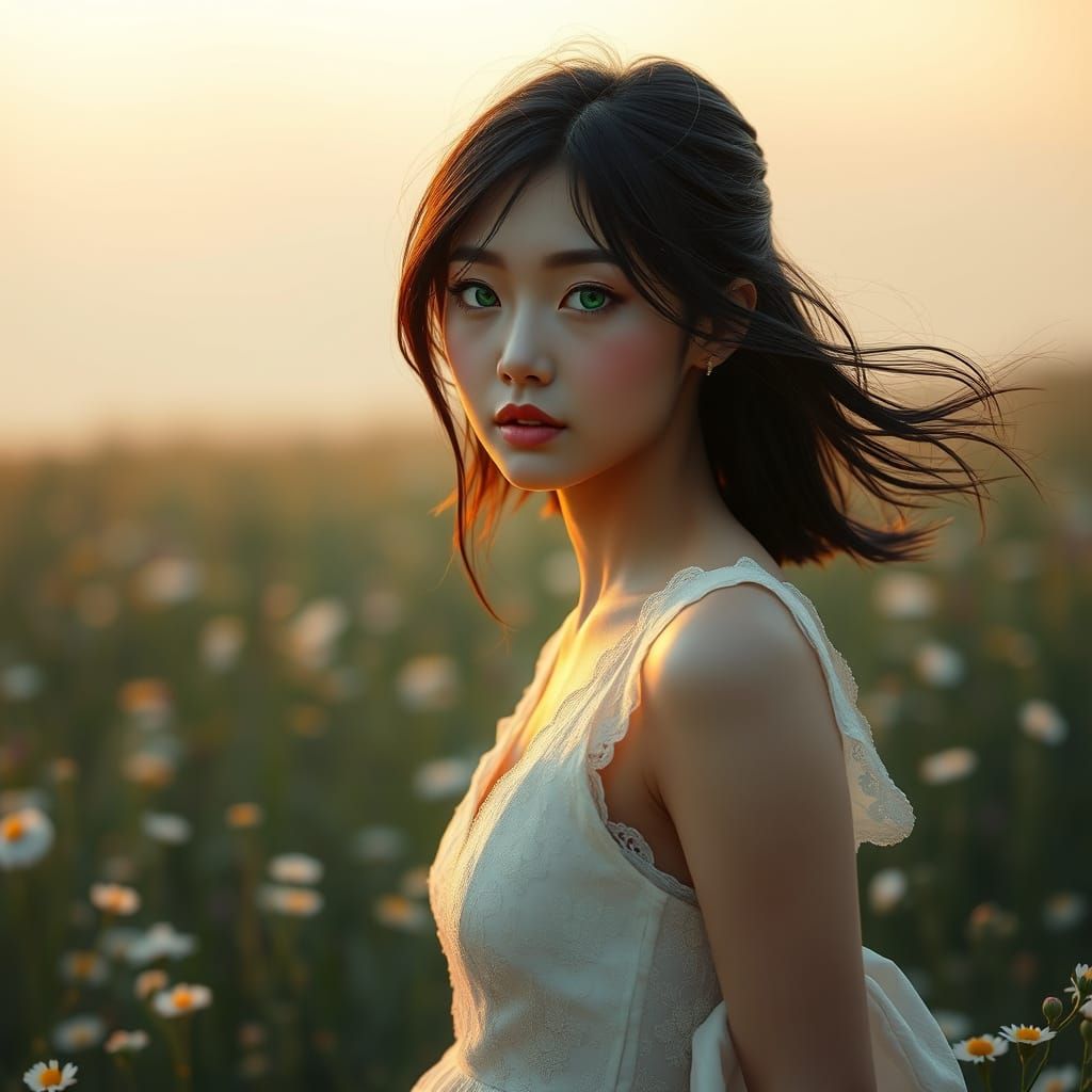 Japanese Woman in Wildflower Field at Dawn