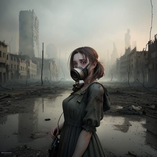 Ethereal Dystopian Girl Bubbles in Ruins