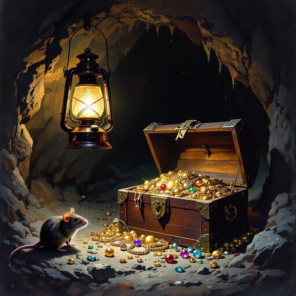 Treasure Chest in Dark Cave: Oil Painting Style