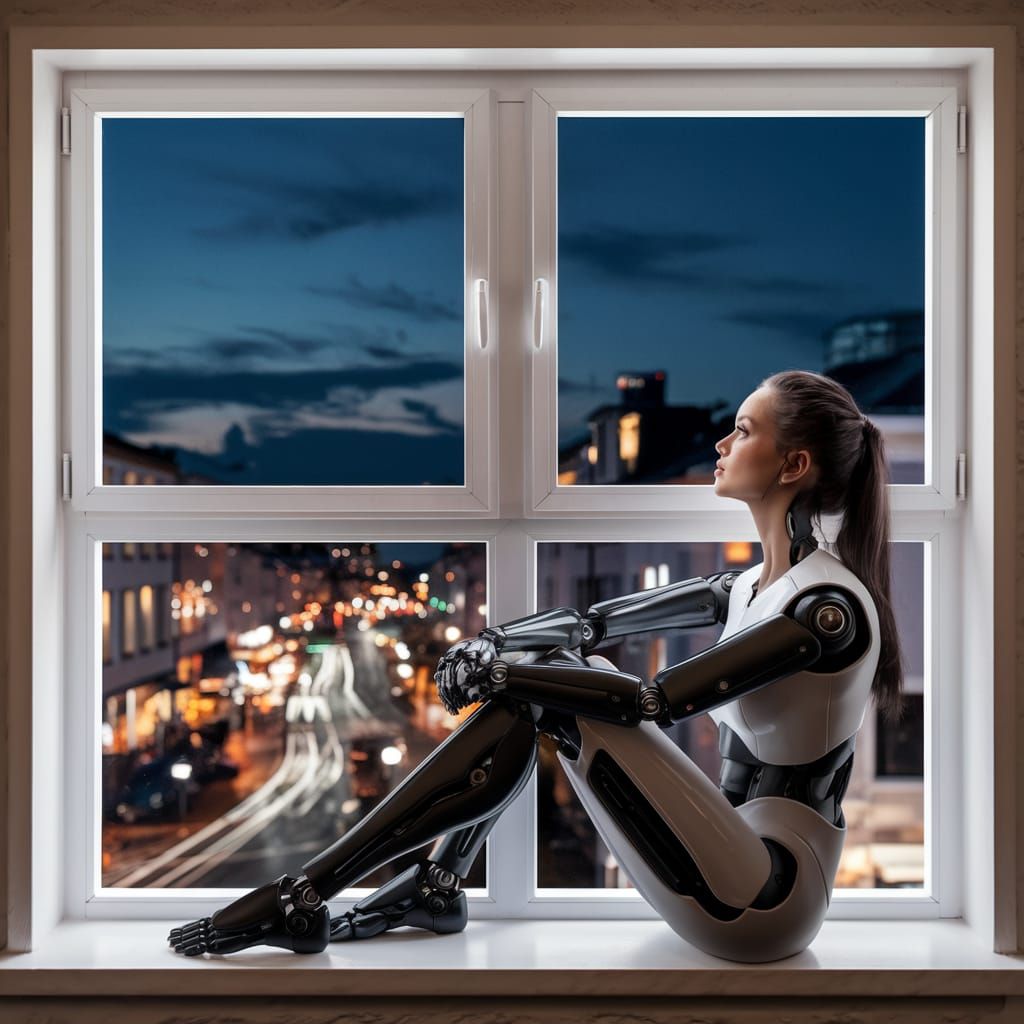 Cyborg Contemplates Cityscape at Night