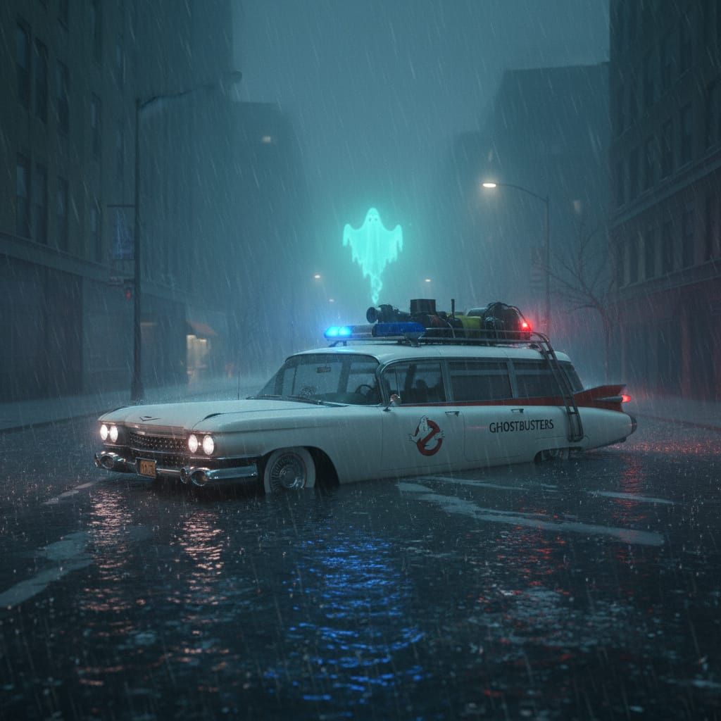 Ghostbusters Car in Flooded Street on Foggy, Rainy Night