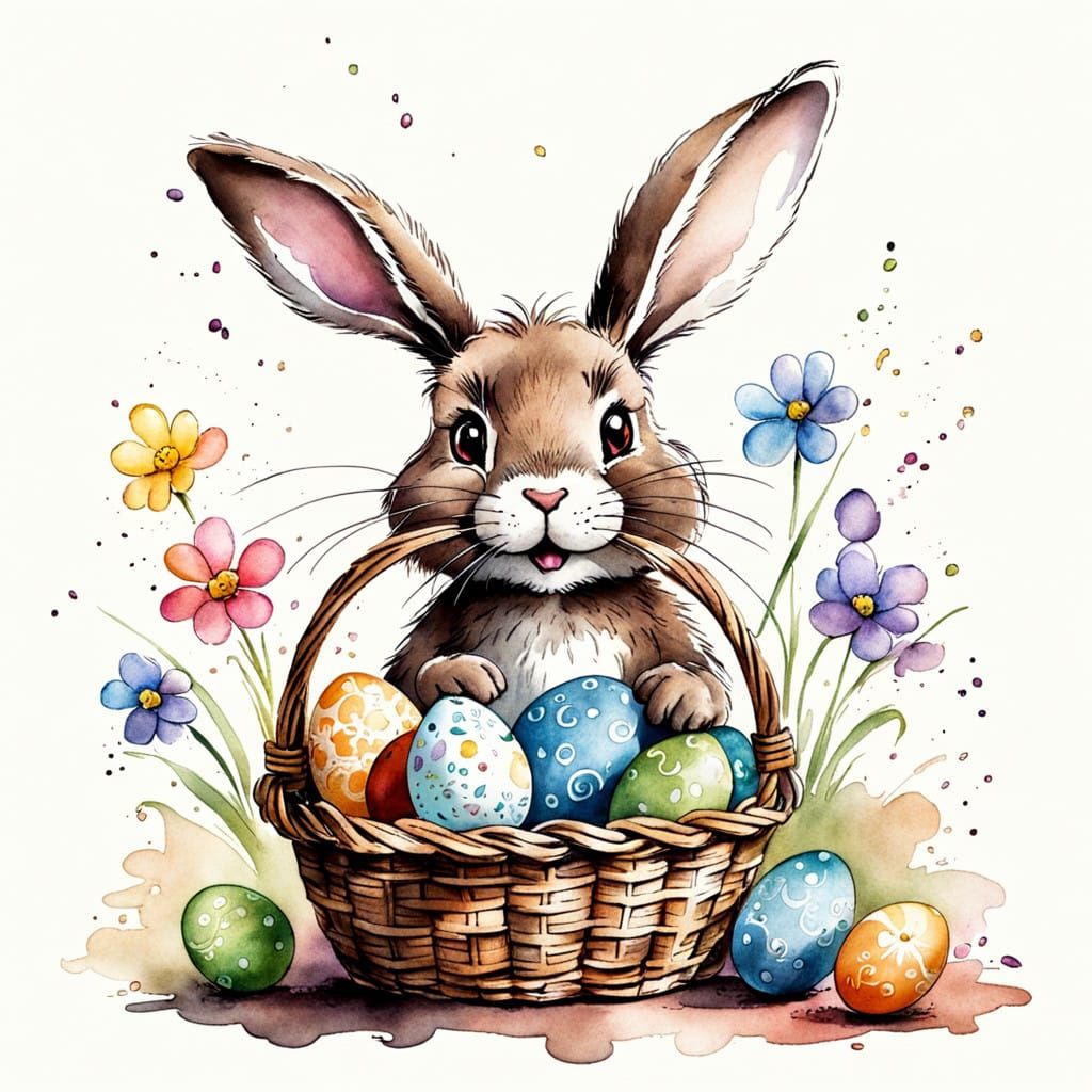 Colorful Cartoon Easter Bunny in a Happy Basket