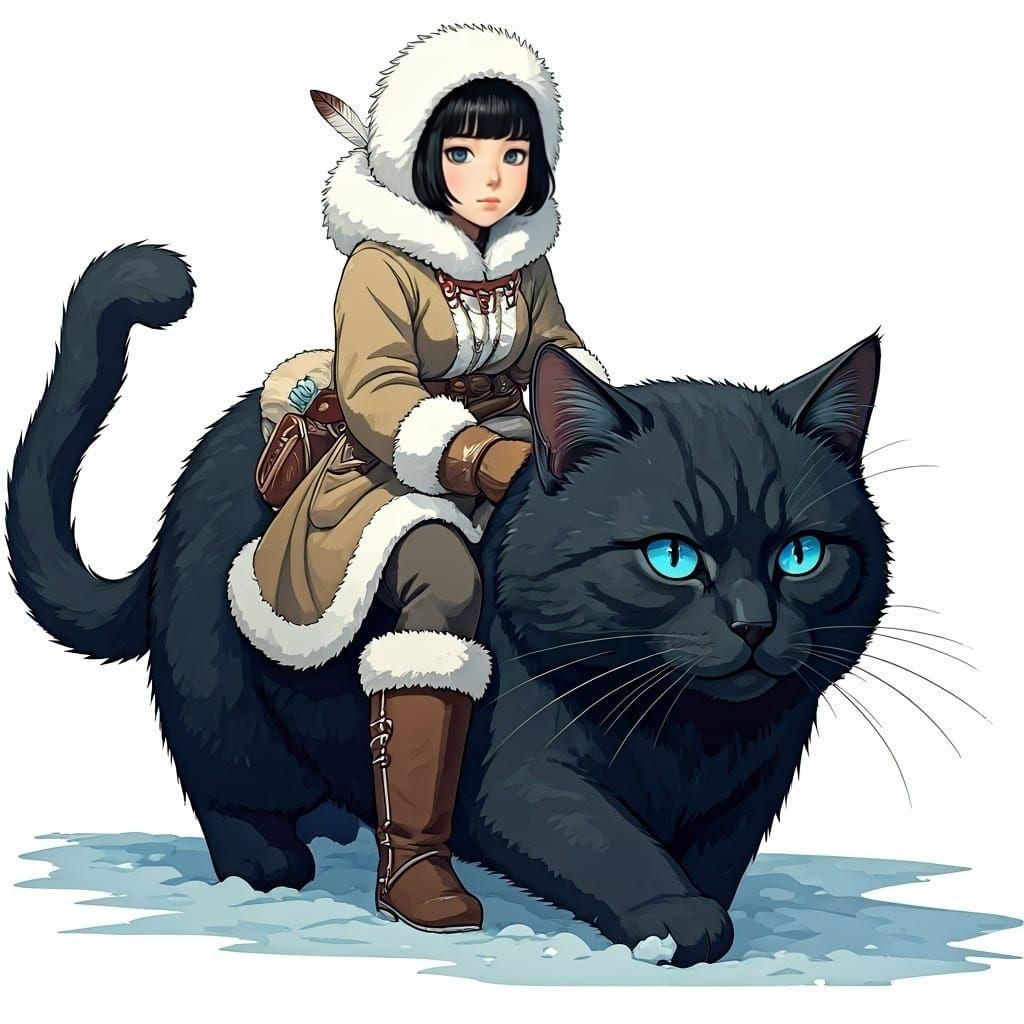 Manga-Inspired Eskimo Girl Riding a Majestic Cat in Stunning...
