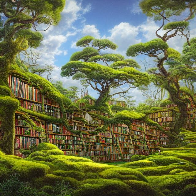 Dreamlike Outdoor Library in Vibrant, Yacek Yerka-Inspired S...