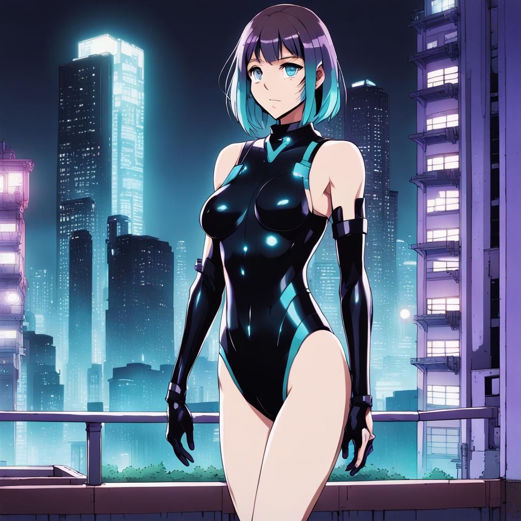 Cyberpunk Woman with Aqua Eyes and Purple Highlights