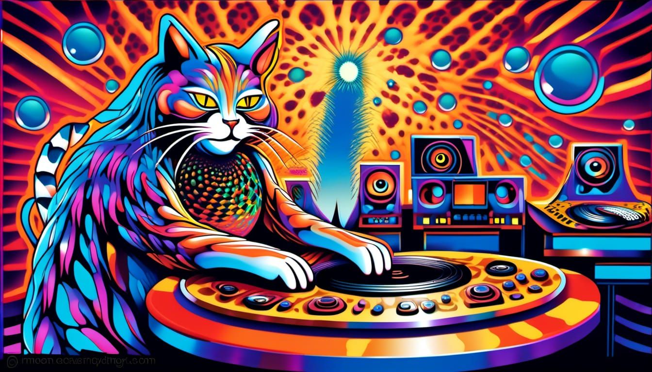 Anthropomorphic Cat DJ in Neon Club
