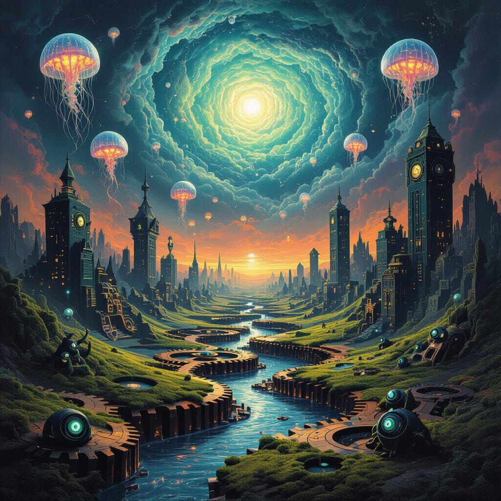 Surreal Cosmic Ocean Sky Over Clockwork Gears Landscape