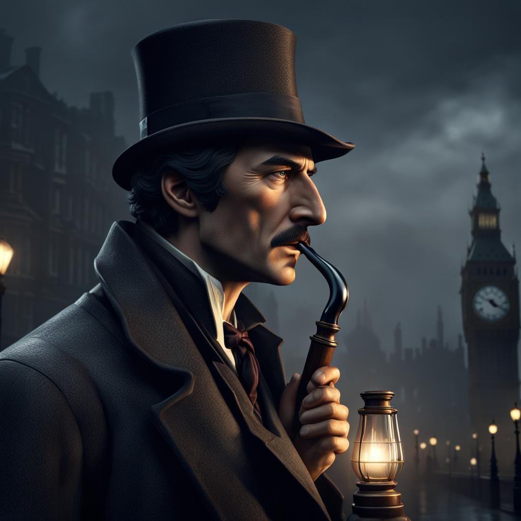 Sherlock Holmes in Foggy London, Hyperrealistic 3D
