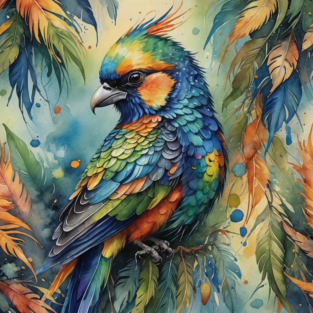 Rainbow Bird in Watercolor Fantasy Art