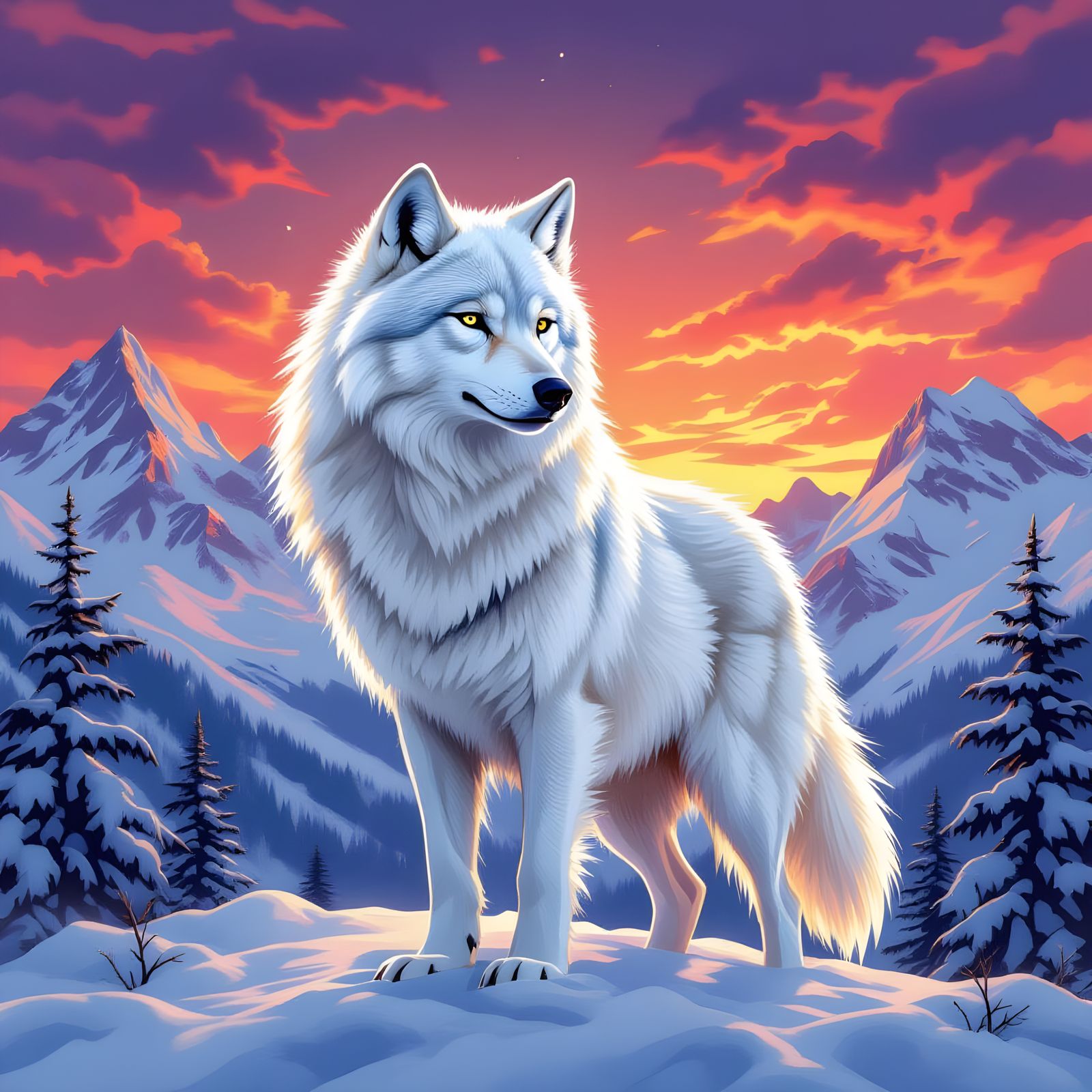 Ethereal White Wolf in Twilight, Hyperrealistic Digital Pain...