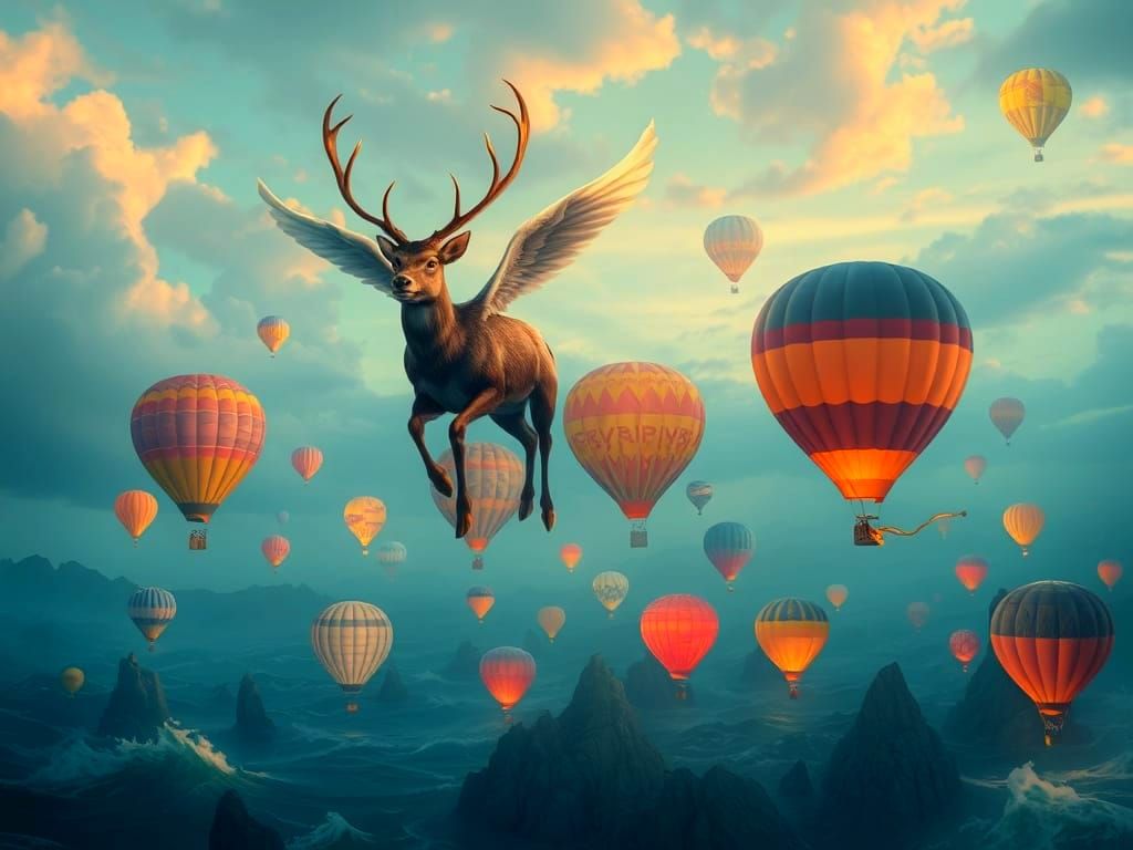 Mystical Winged Deer in Underwater Dreamscape