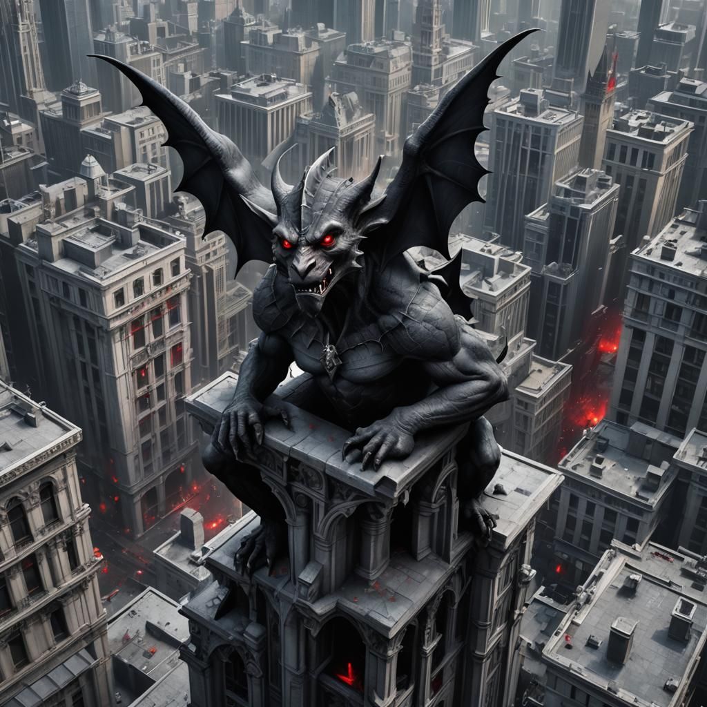 Gothic Gargoyle Perched Atop High-Rise Building