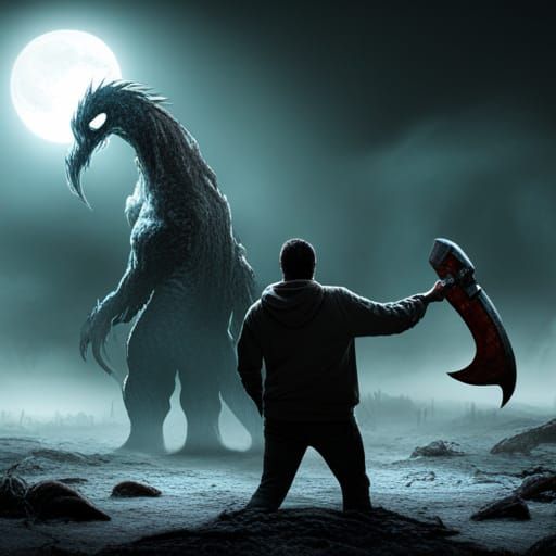 Man with Axe vs Monster: Dark Fantasy Art