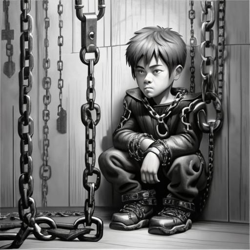 Monochrome Charcoal Drawing: Boy and Dog in Chains