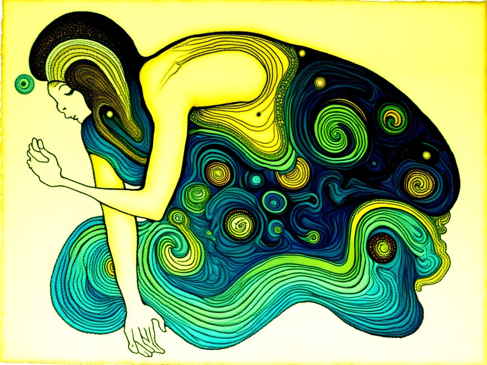 Woven Rug Masterpiece: 1960s Model on Man's Shoulders