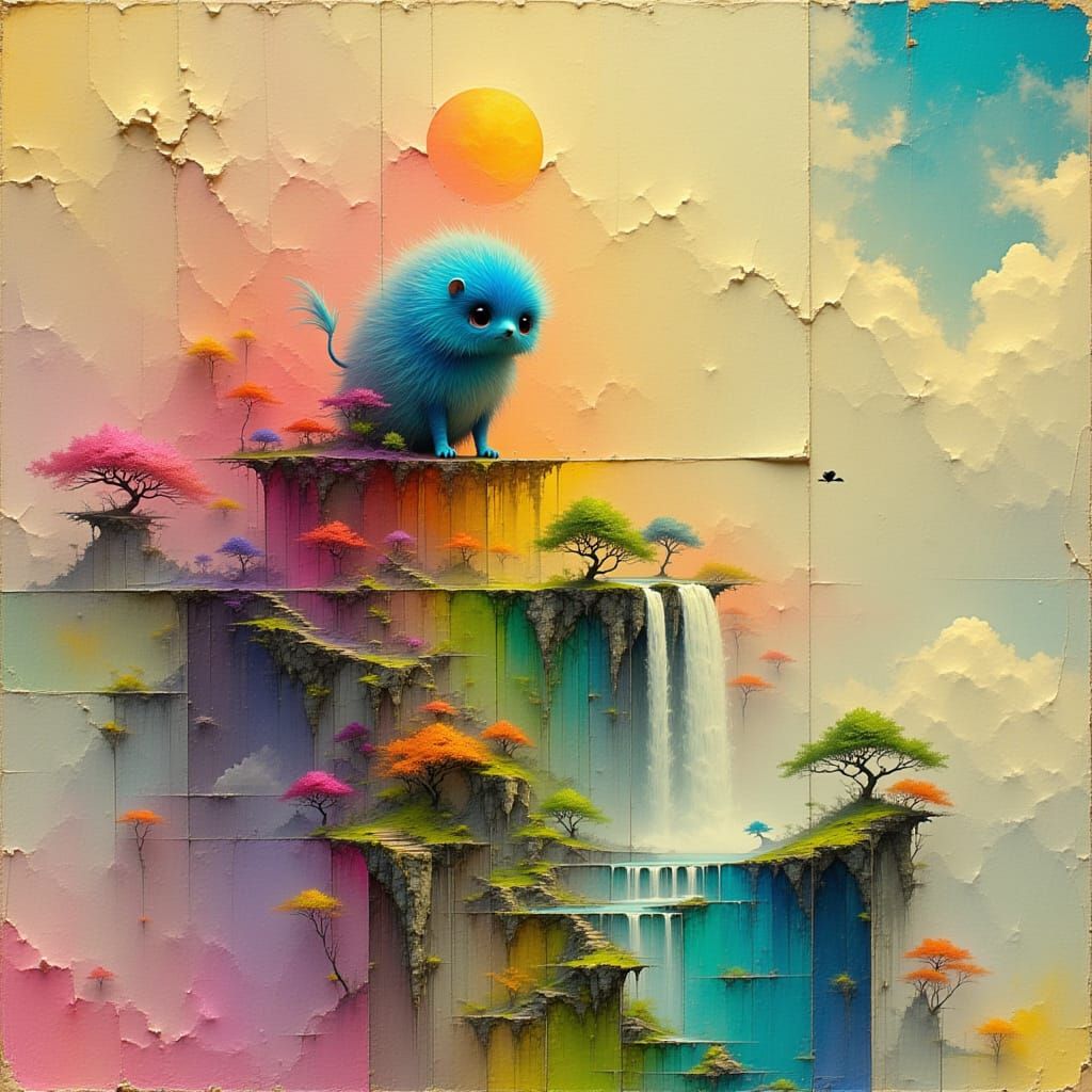 Fluffy Rainbow Island Creature in Dreamlike Style