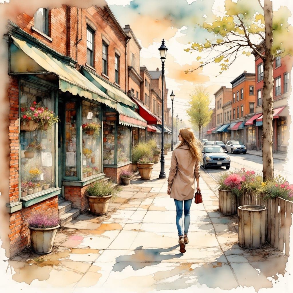 Nostalgic Neighborhood Scene in Watercolor and Ink