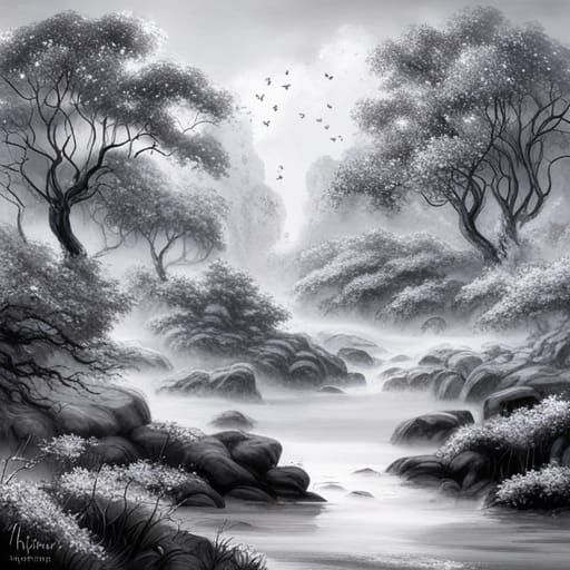 Monochrome Butterfly Trees in Ethereal Fantasy Landscape