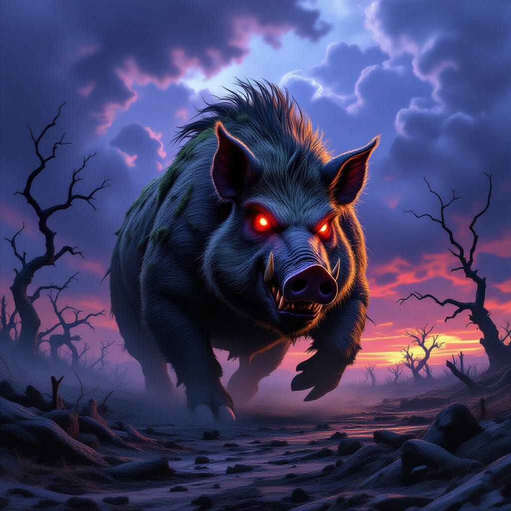 Colossal Mutated Boar in Desolate Landscape