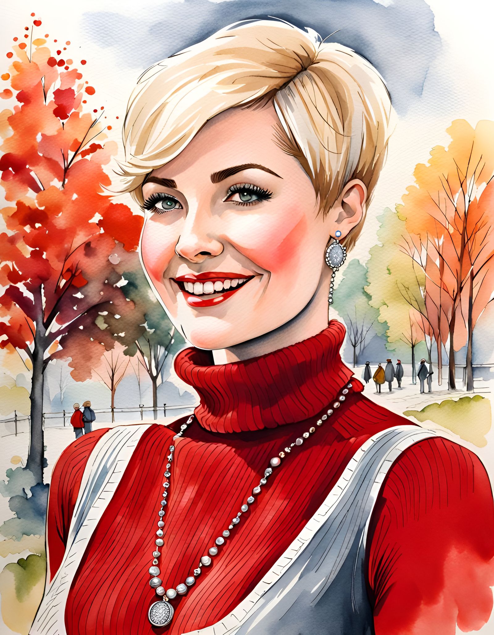 Watercolor Portrait of Smiling Woman in City Park
