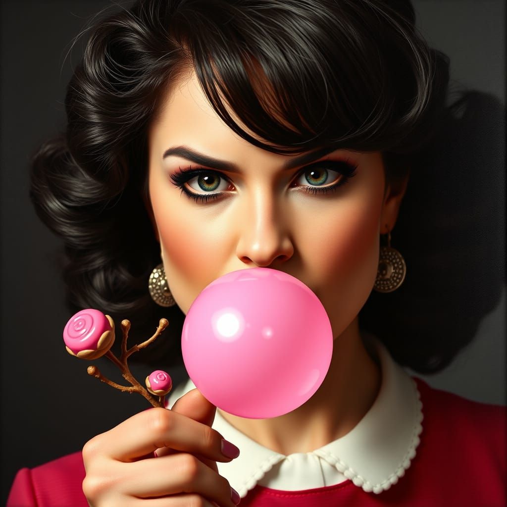 Rizzo Blowing Chiclets Gum with Chiaroscuro Oil Paint Style