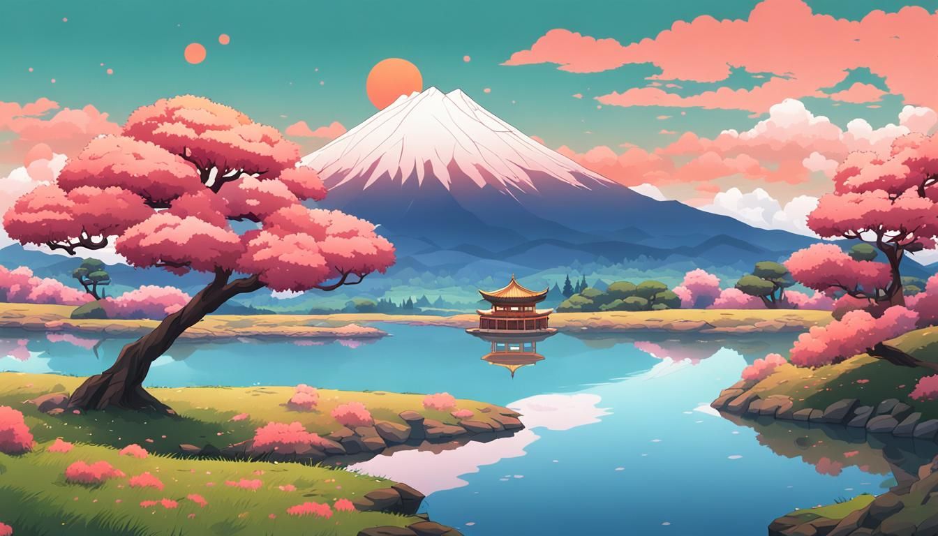 Japanese Anime Landscape with Pink Tree
