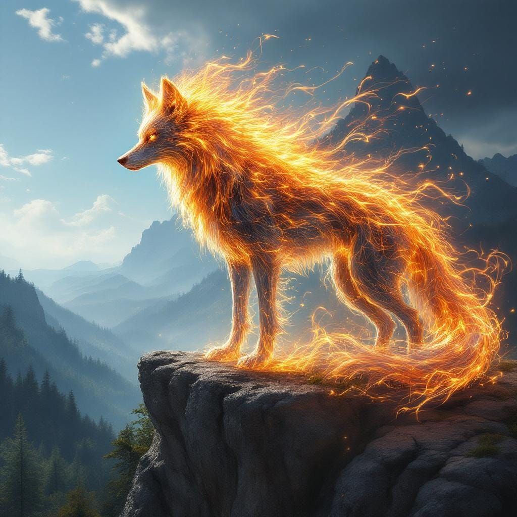 Ethereal Fire Wolf Overlooking Forest, Oil Painting
