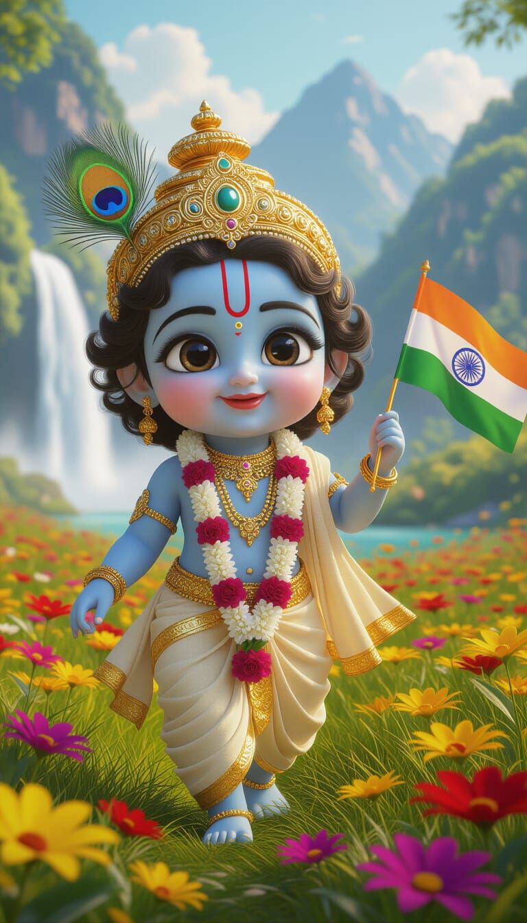 Adorable 3D Baby Krishna with Indian Flag