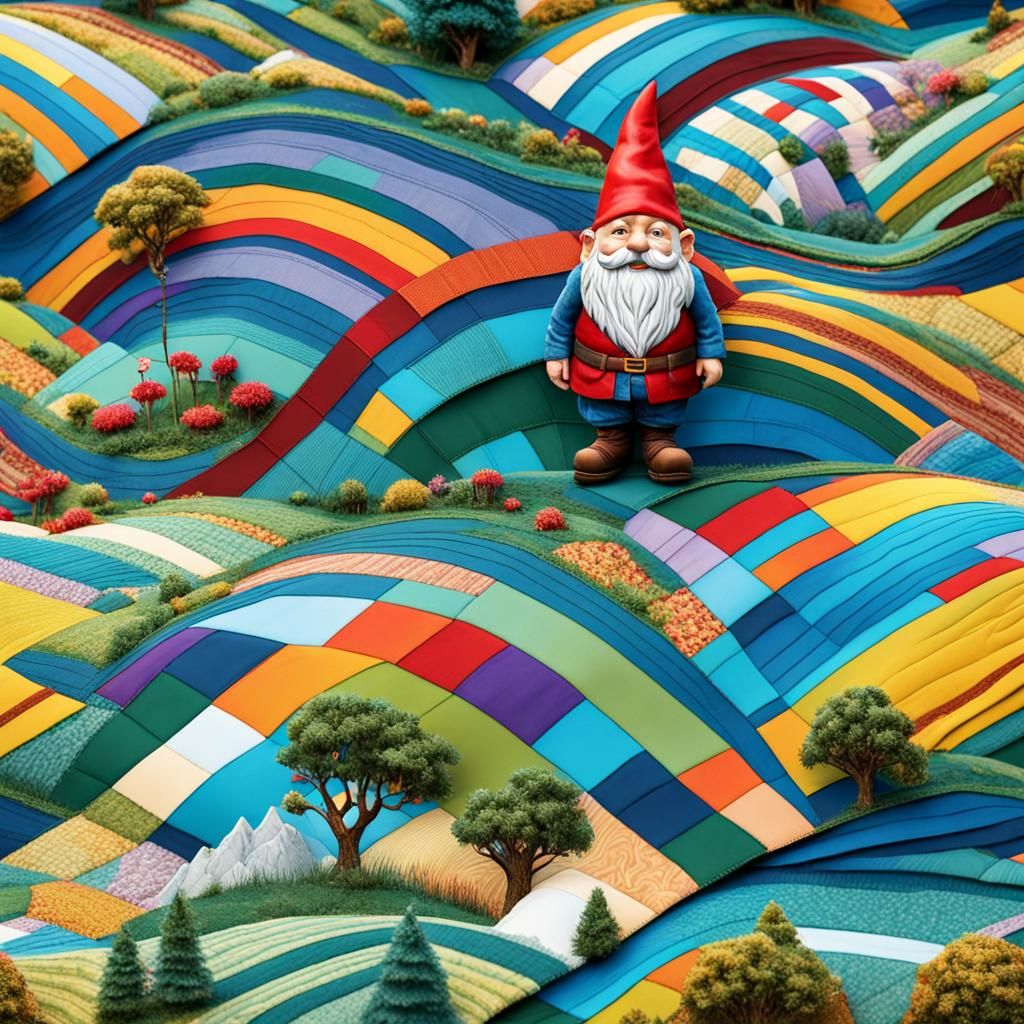 Gnome's Journey: A Hyperrealistic Patchwork Field