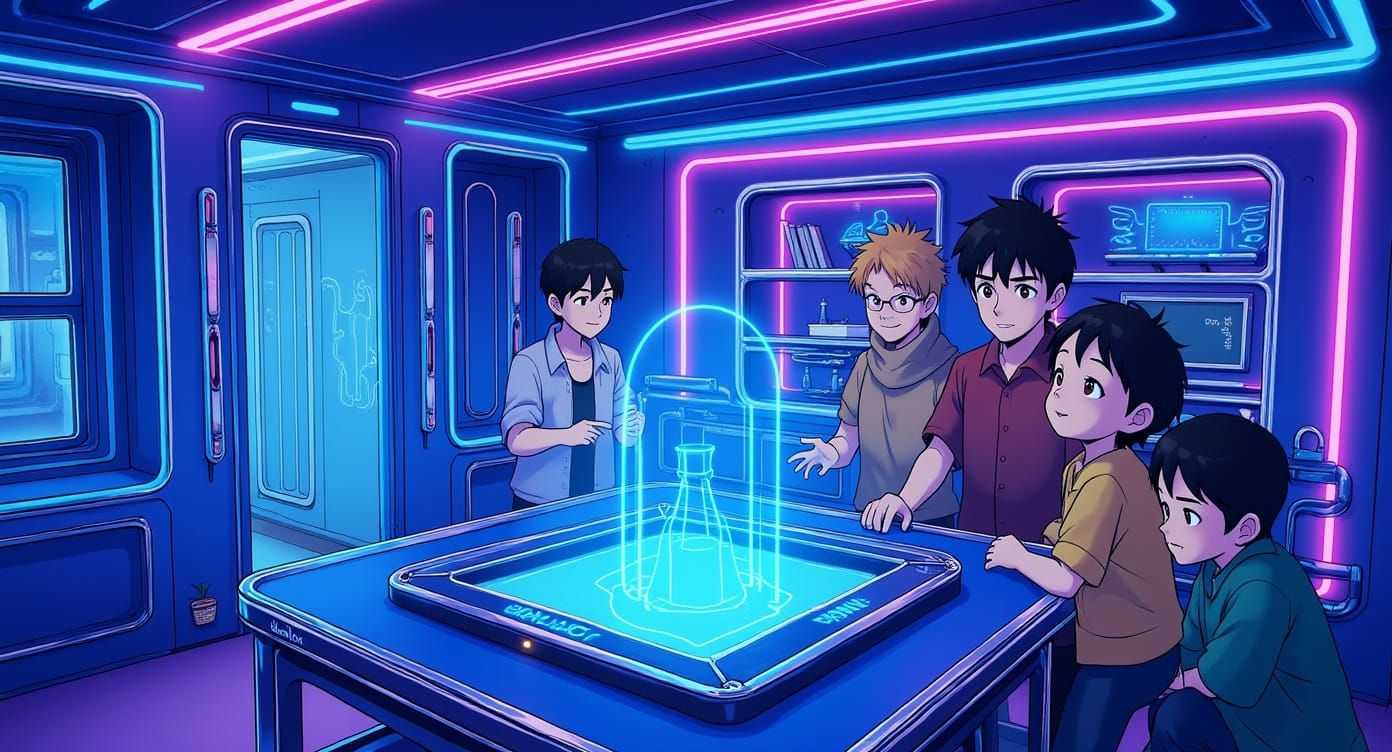 Anime Family in Retro-Futuristic Pakistani Home
