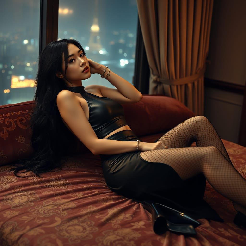 Elegant Korean Woman Reclines on Velvet Bed in Chic Black At...