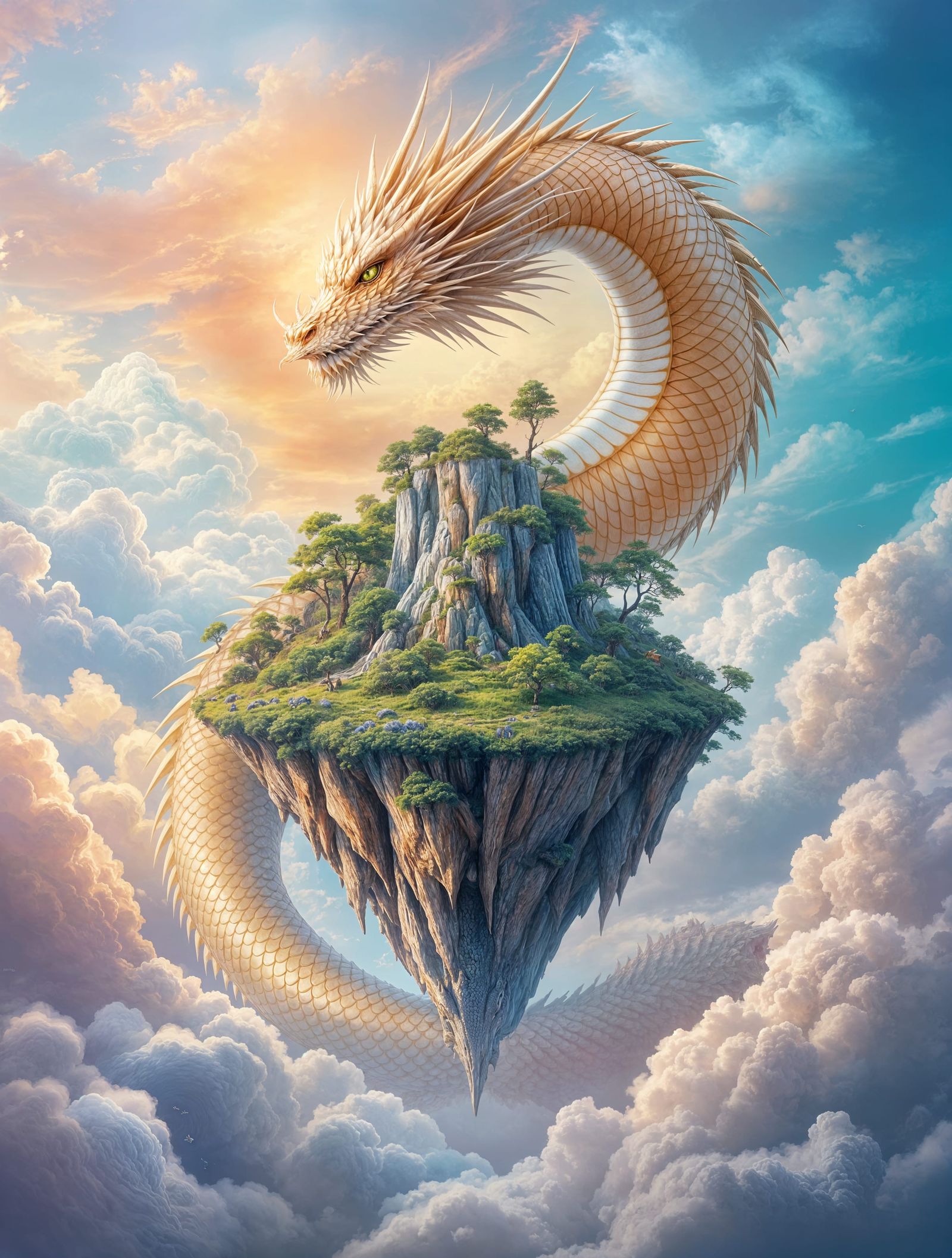 Mythical Serpent Coiled Around Floating Island in Dreamlike ...