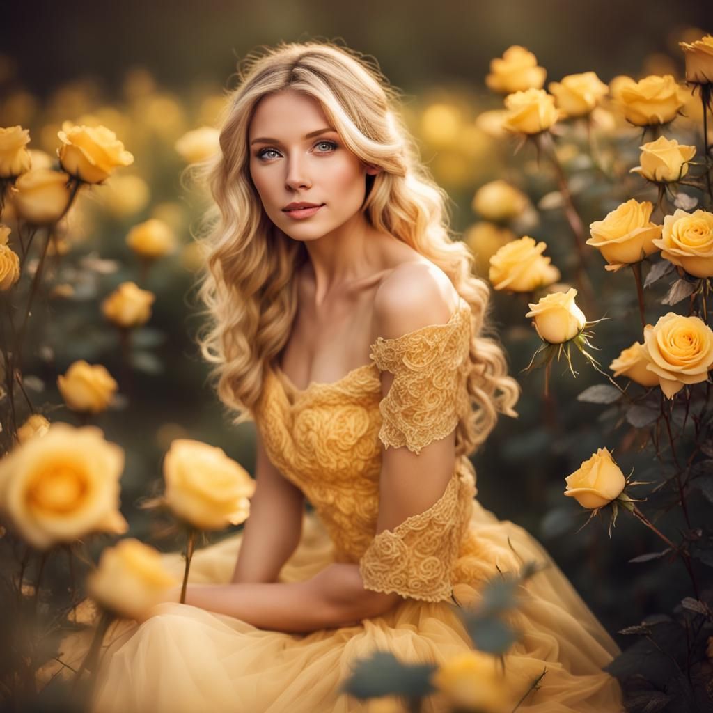 Golden Maiden in Yellow Rose Field: Watercolor Style