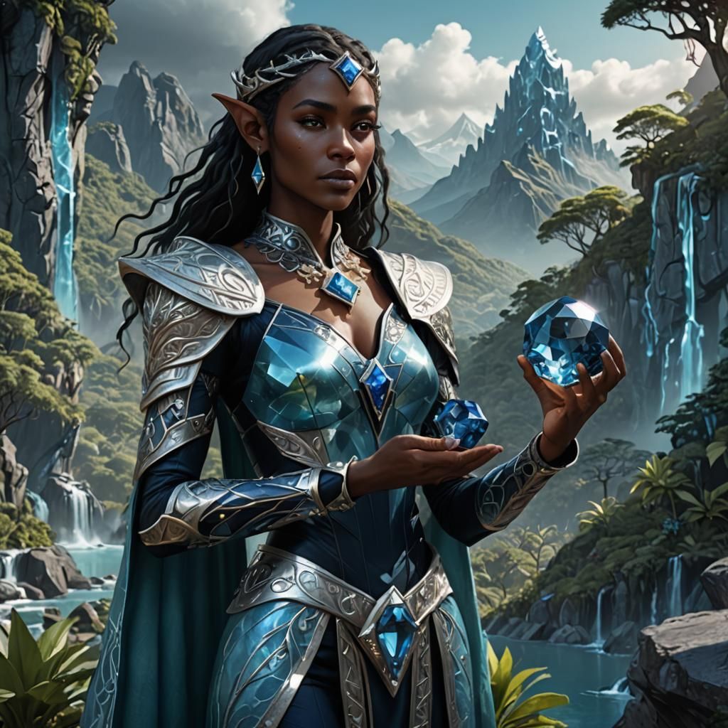 Elven Woman with Sapphire in Tropical Landscape